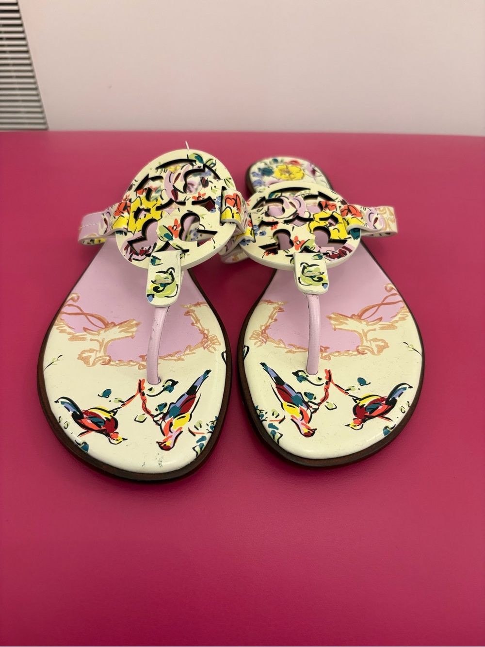 Tory Burch Miller Floral Cutout Logo Thong Sandals - Pink, Yellow & Multicolor